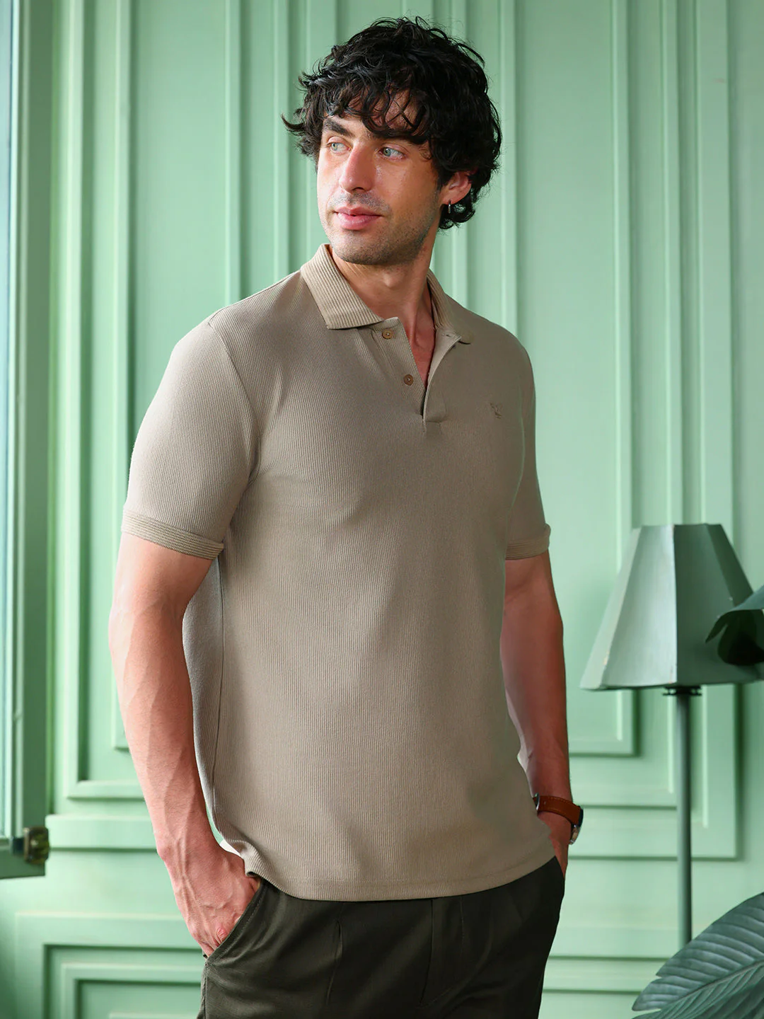 Solid-Ribbed Polo T-Shirt - Image 3
