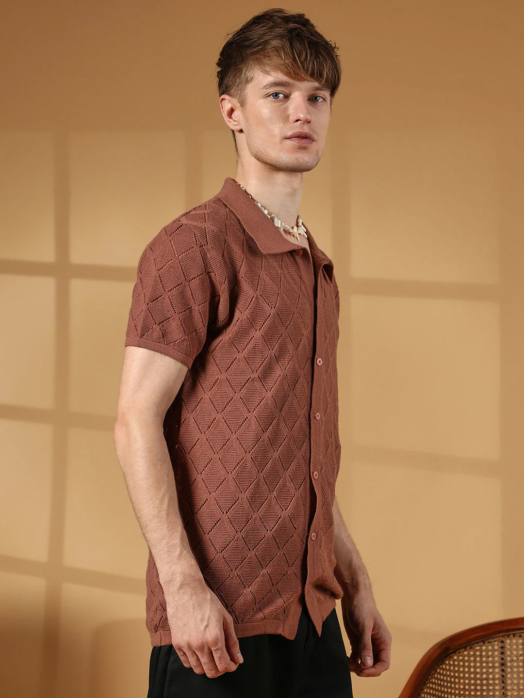 Rhombus-Knit Slim-Fit Shirt - Image 3