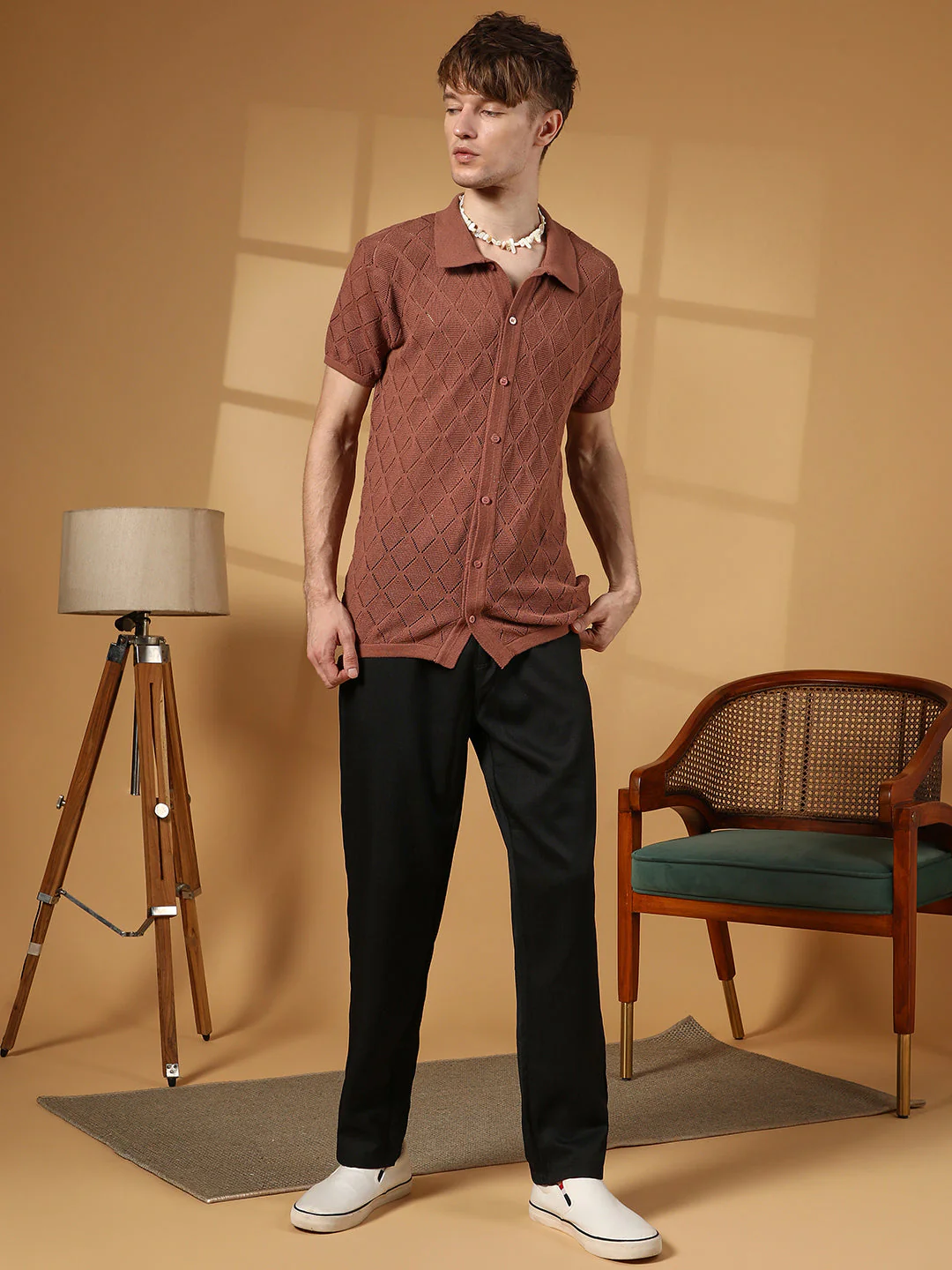 Rhombus-Knit Slim-Fit Shirt - Image 5