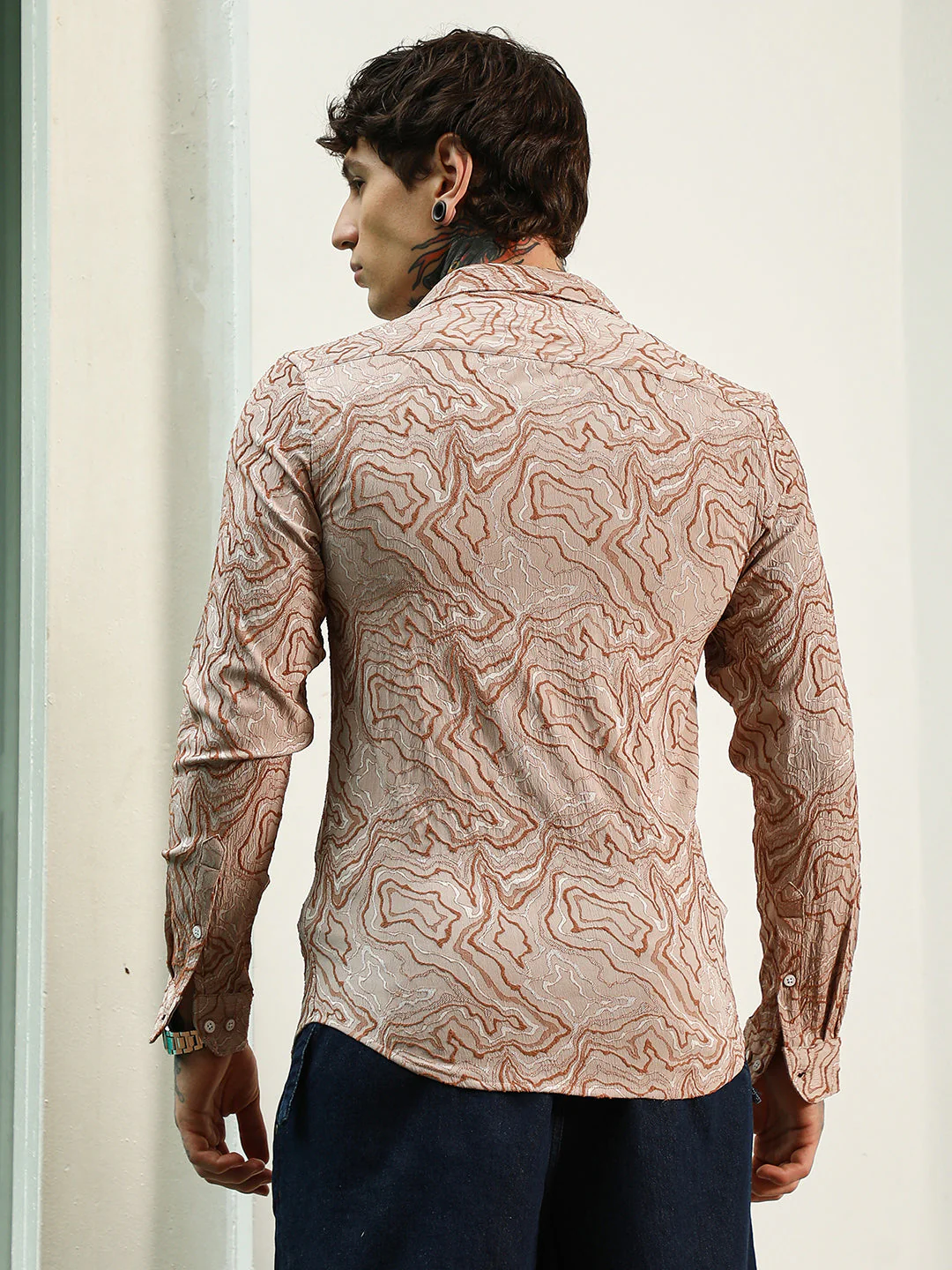 Slim Fit Beige Abstract Pattern Full Sleeve Shirt - Image 4