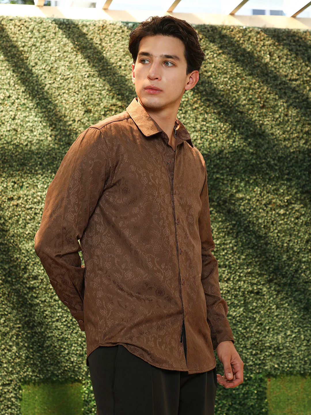 Slim Fit Brown Floral Jacquard Shirt - Image 10