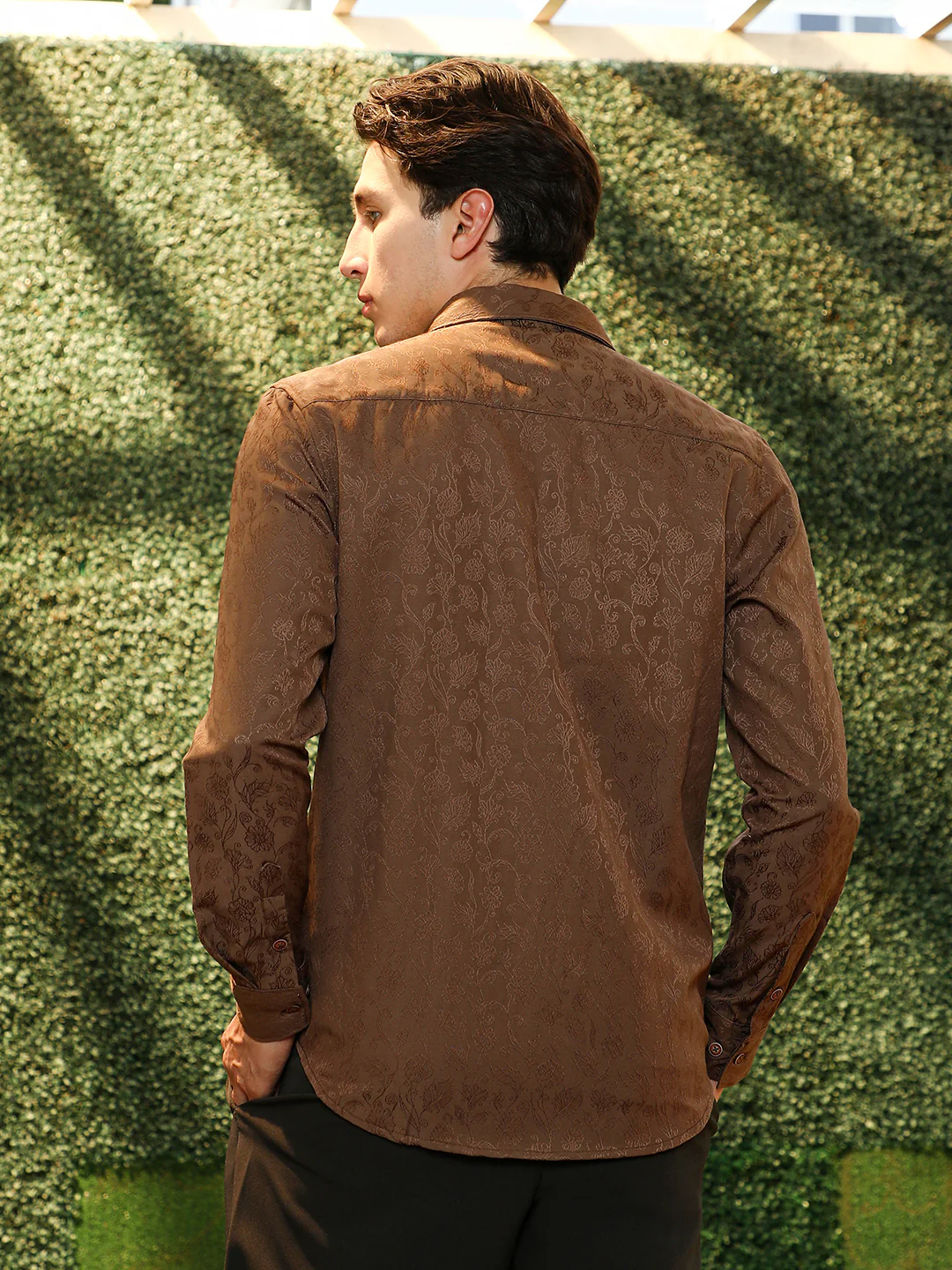 Slim Fit Brown Floral Jacquard Shirt - Image 11