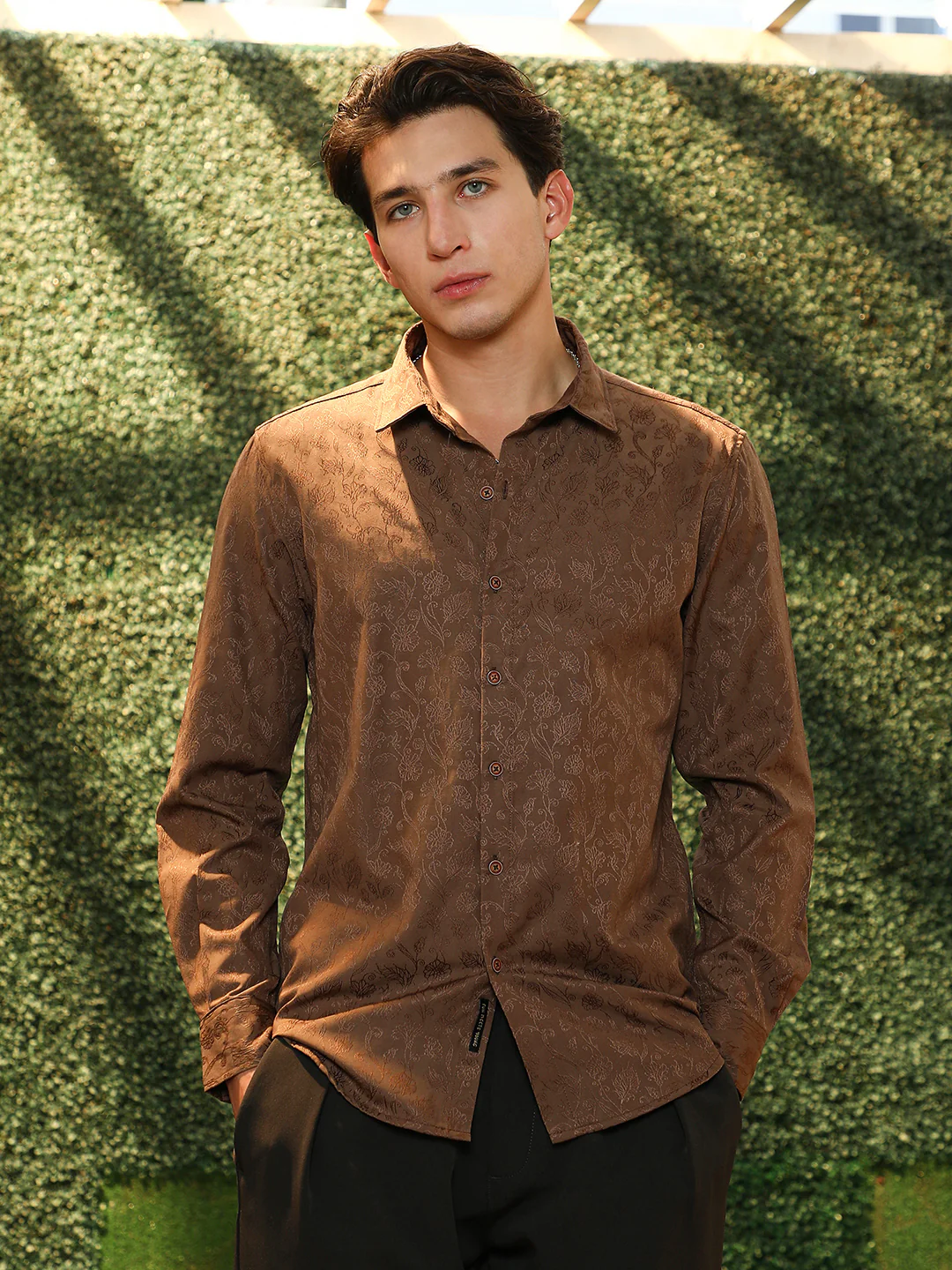 Slim Fit Brown Floral Jacquard Shirt - Image 2