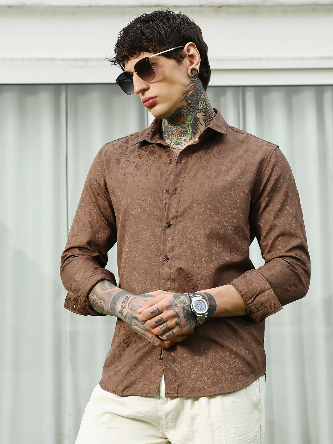 Slim Fit Brown Floral Jacquard Shirt - Image 3