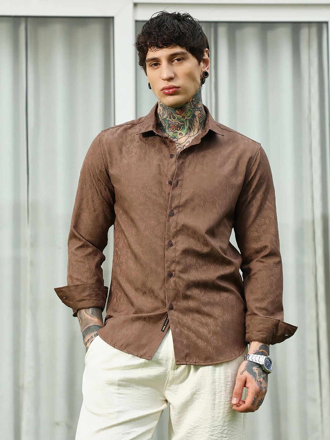 Slim Fit Brown Floral Jacquard Shirt - Image 4