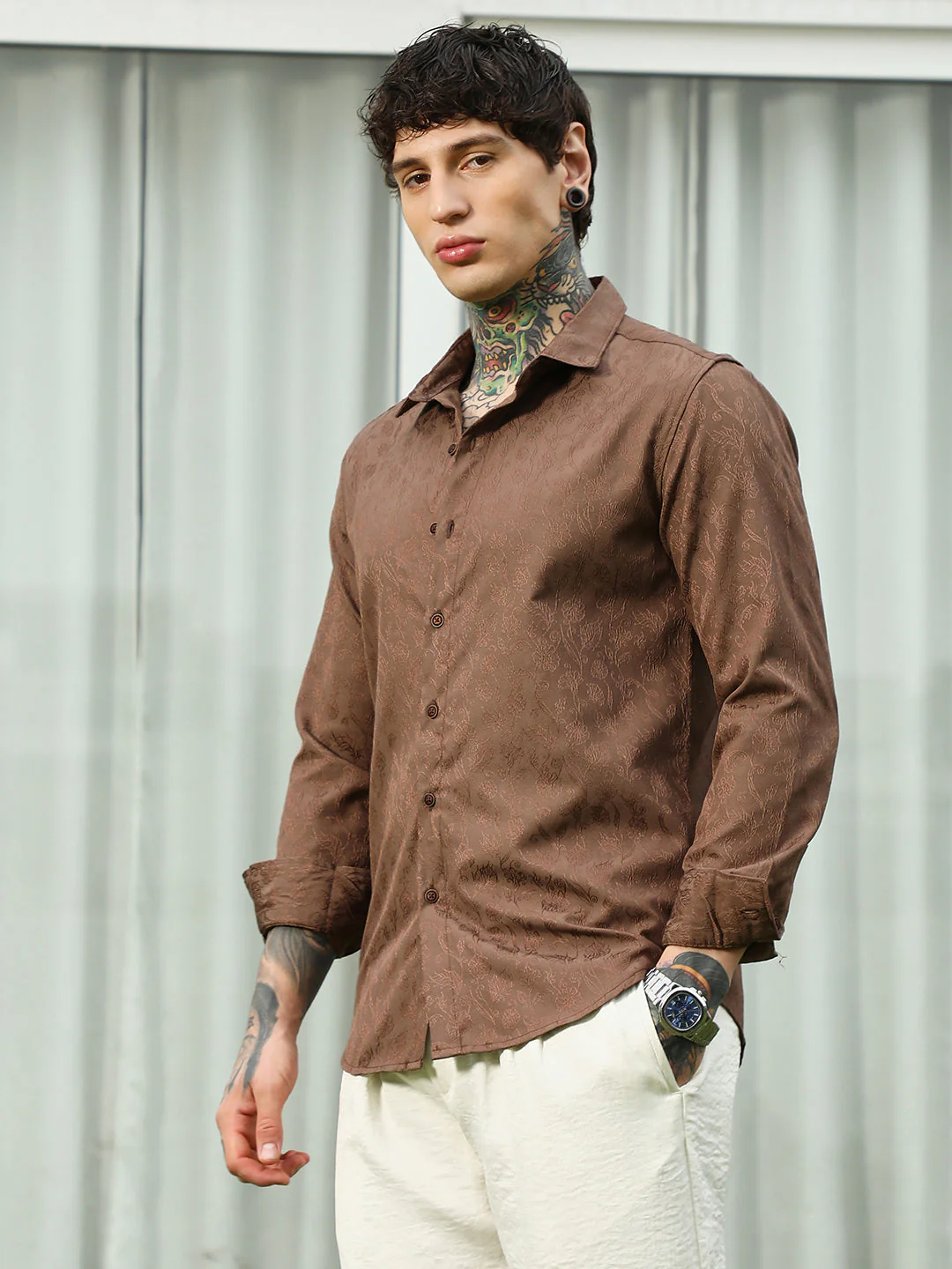 Slim Fit Brown Floral Jacquard Shirt - Image 5