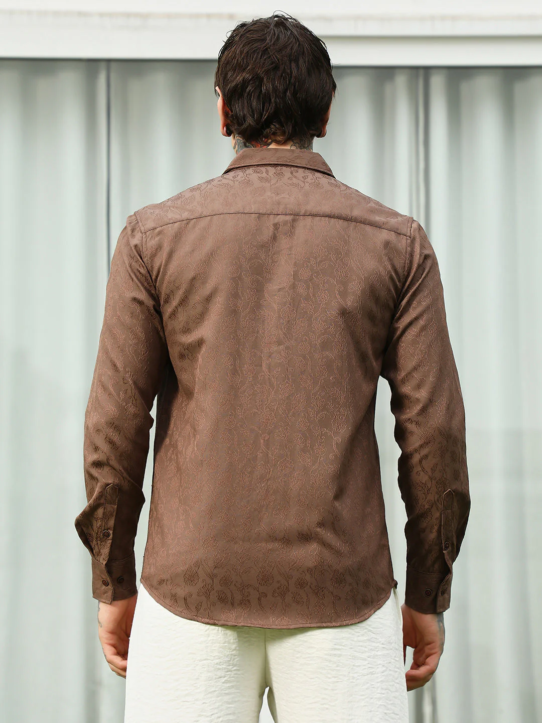 Slim Fit Brown Floral Jacquard Shirt - Image 6