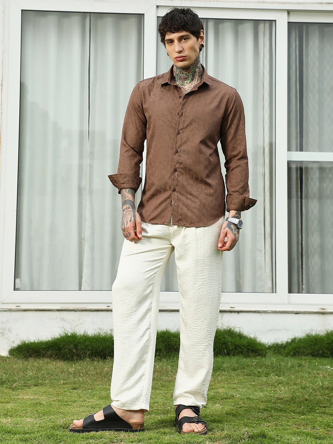 Slim Fit Brown Floral Jacquard Shirt - Image 7