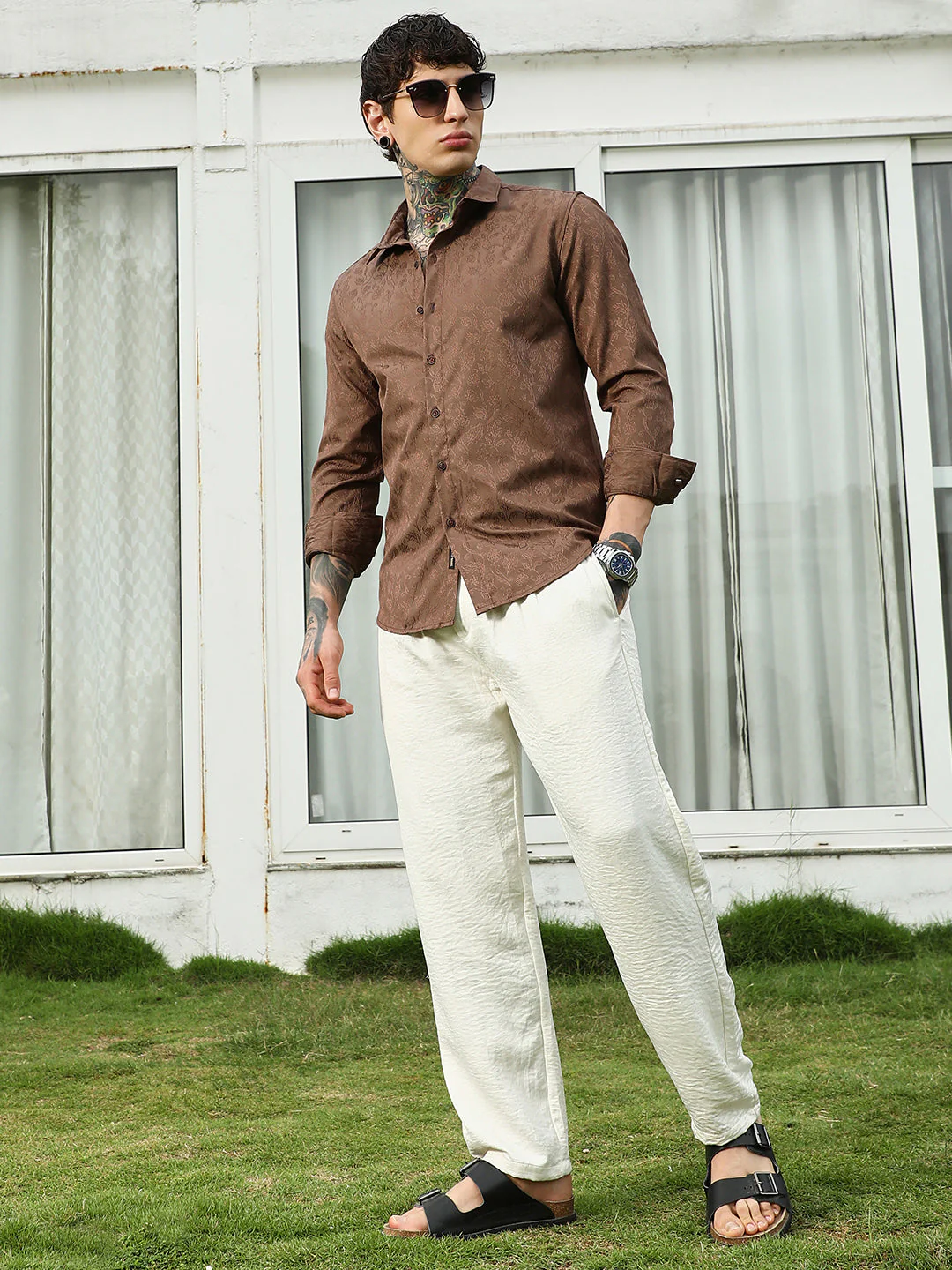 Slim Fit Brown Floral Jacquard Shirt - Image 8