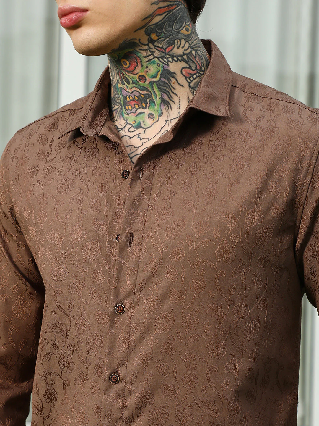 Slim Fit Brown Floral Jacquard Shirt - Image 9