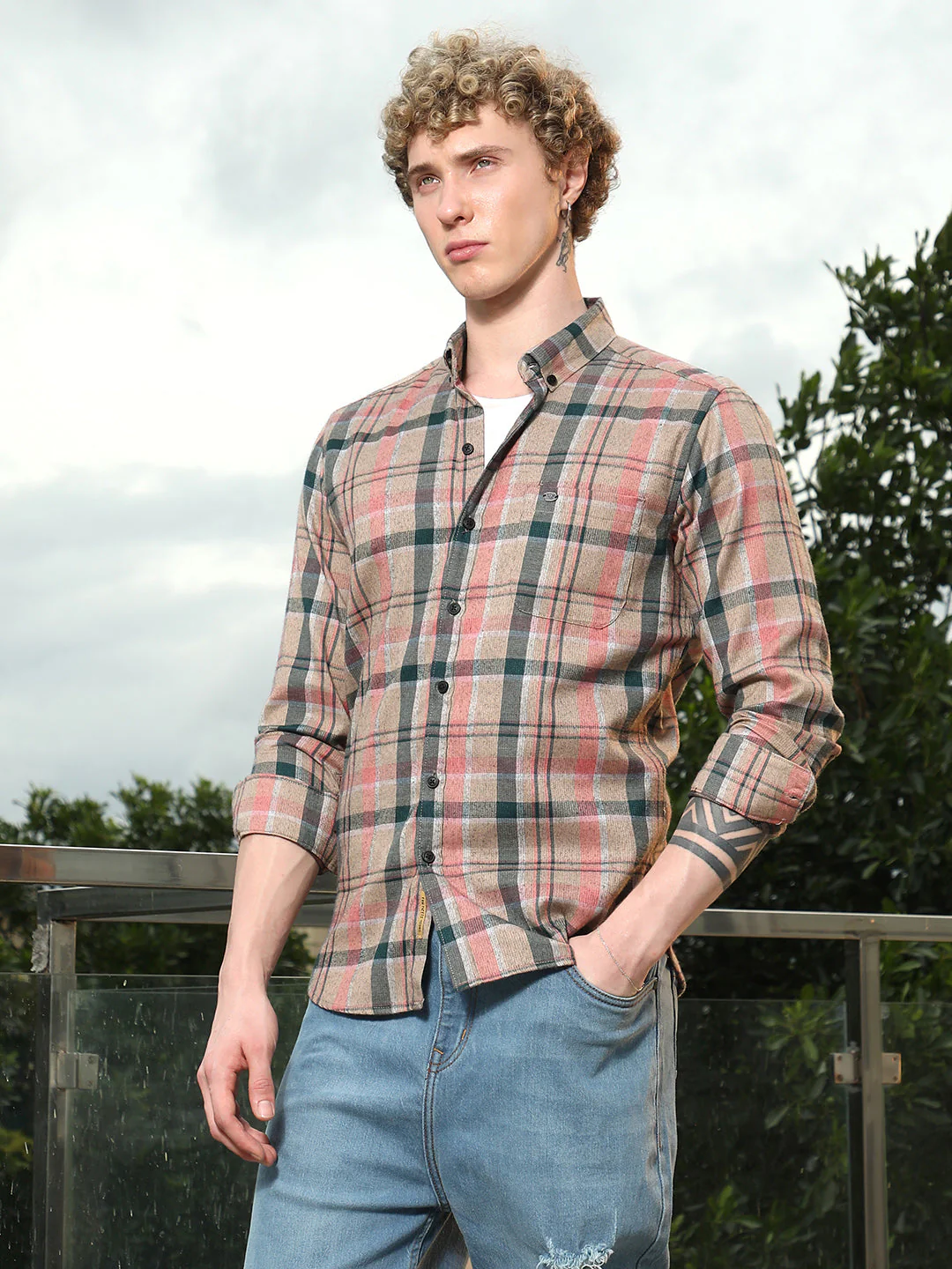 Slim Fit Tartan Check Cotton Polyester Blend Shirt - Image 3