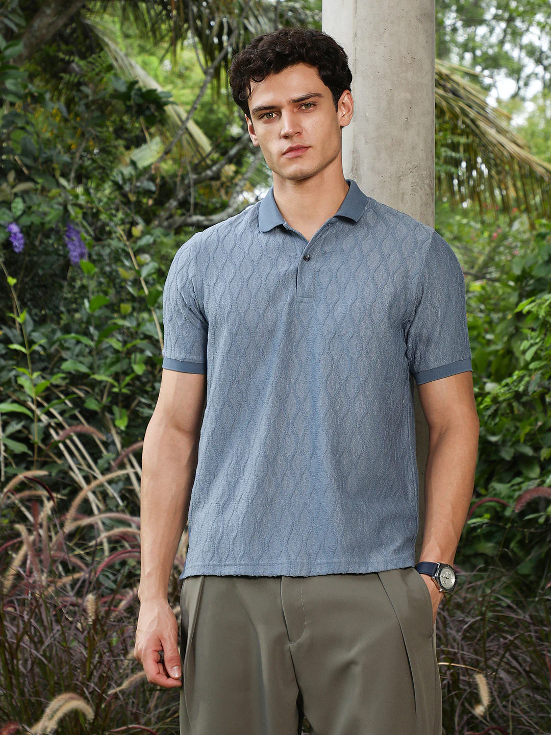 Steel Blue Marquise-Tactile Knit Polo T-Shirt - Image 2