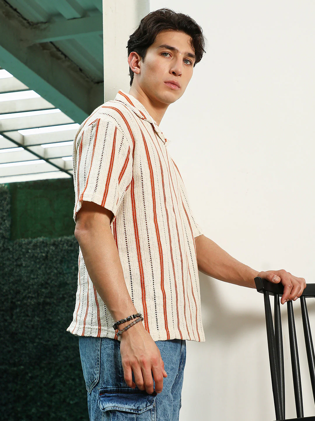 Striped Cuban Collar Cotton T-Shirt - Cream & Orange - Image 3