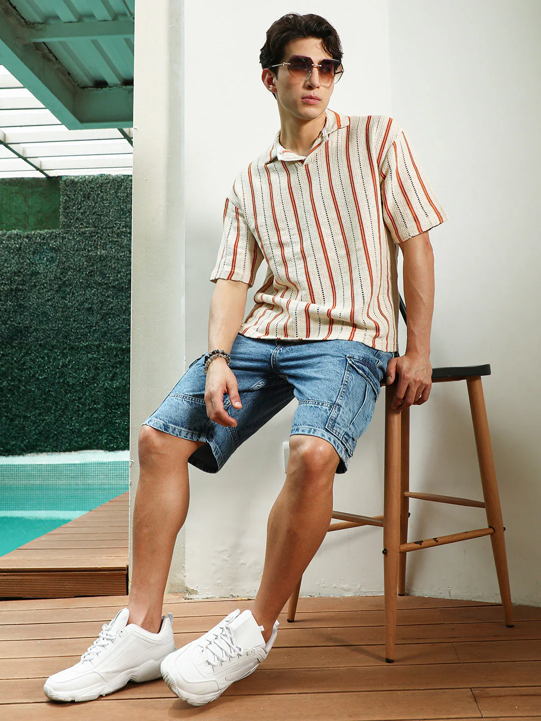 Striped Cuban Collar Cotton T-Shirt - Cream & Orange - Image 6