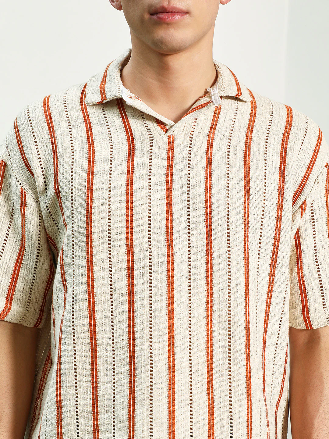 Striped Cuban Collar Cotton T-Shirt - Cream & Orange - Image 7