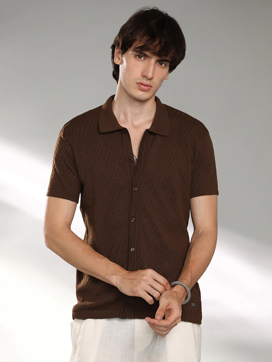 Rhombus-Textured Knit Shirt - Image 2