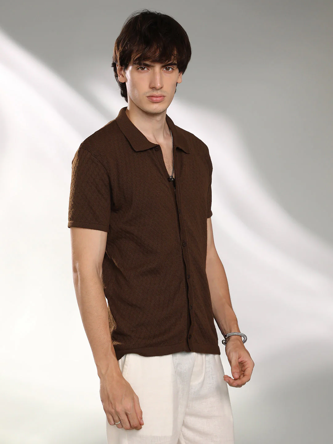 Rhombus-Textured Knit Shirt - Image 3