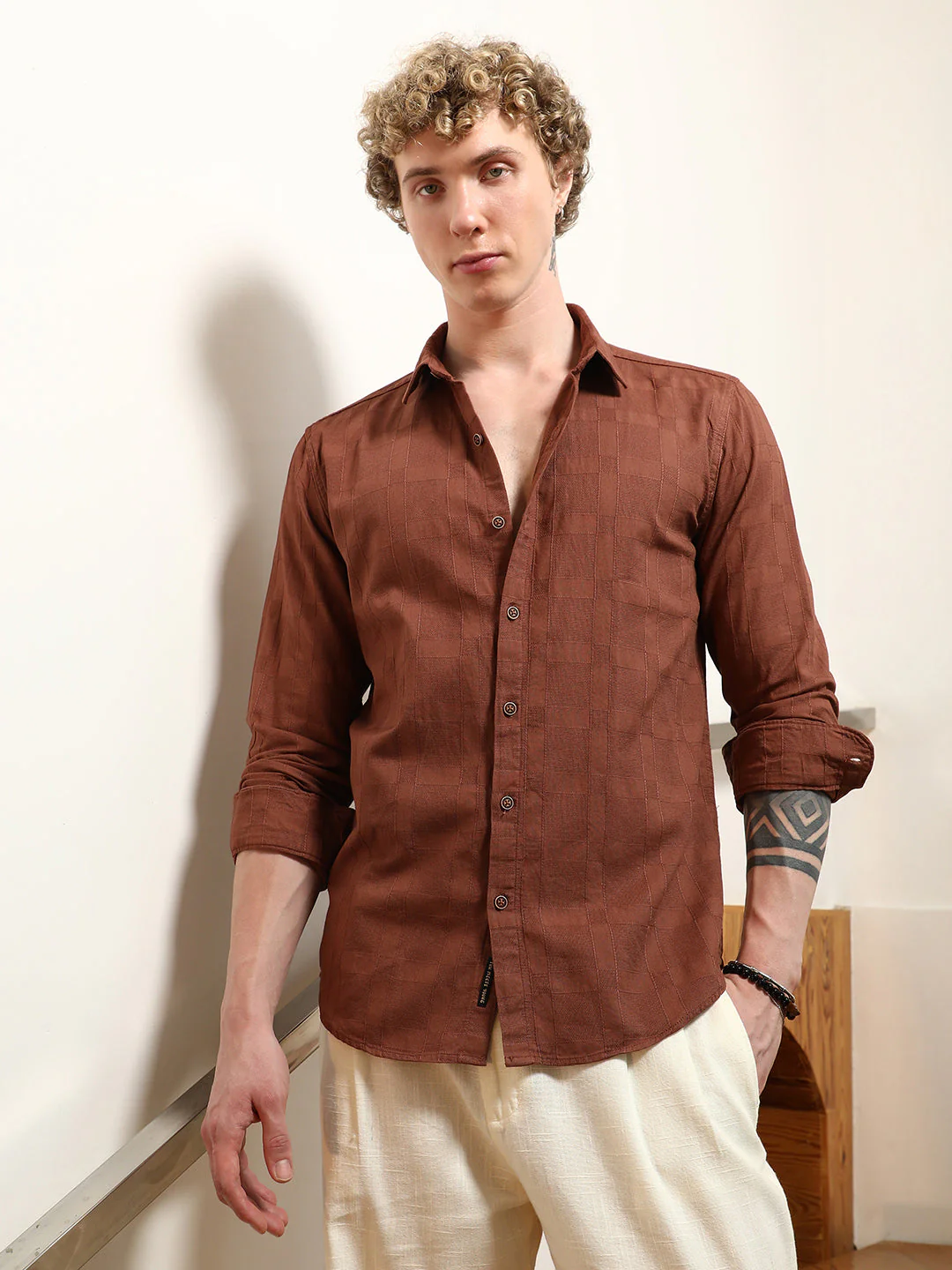 Terracotta Textured Cotton Shirt With Point Collar - Image 2