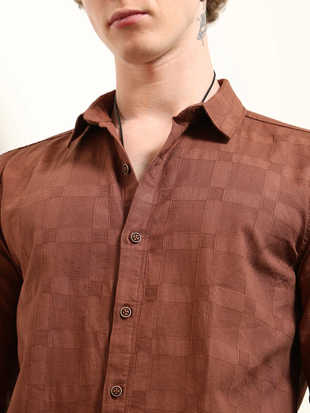 Terracotta Textured Cotton Shirt With Point Collar - Image 7