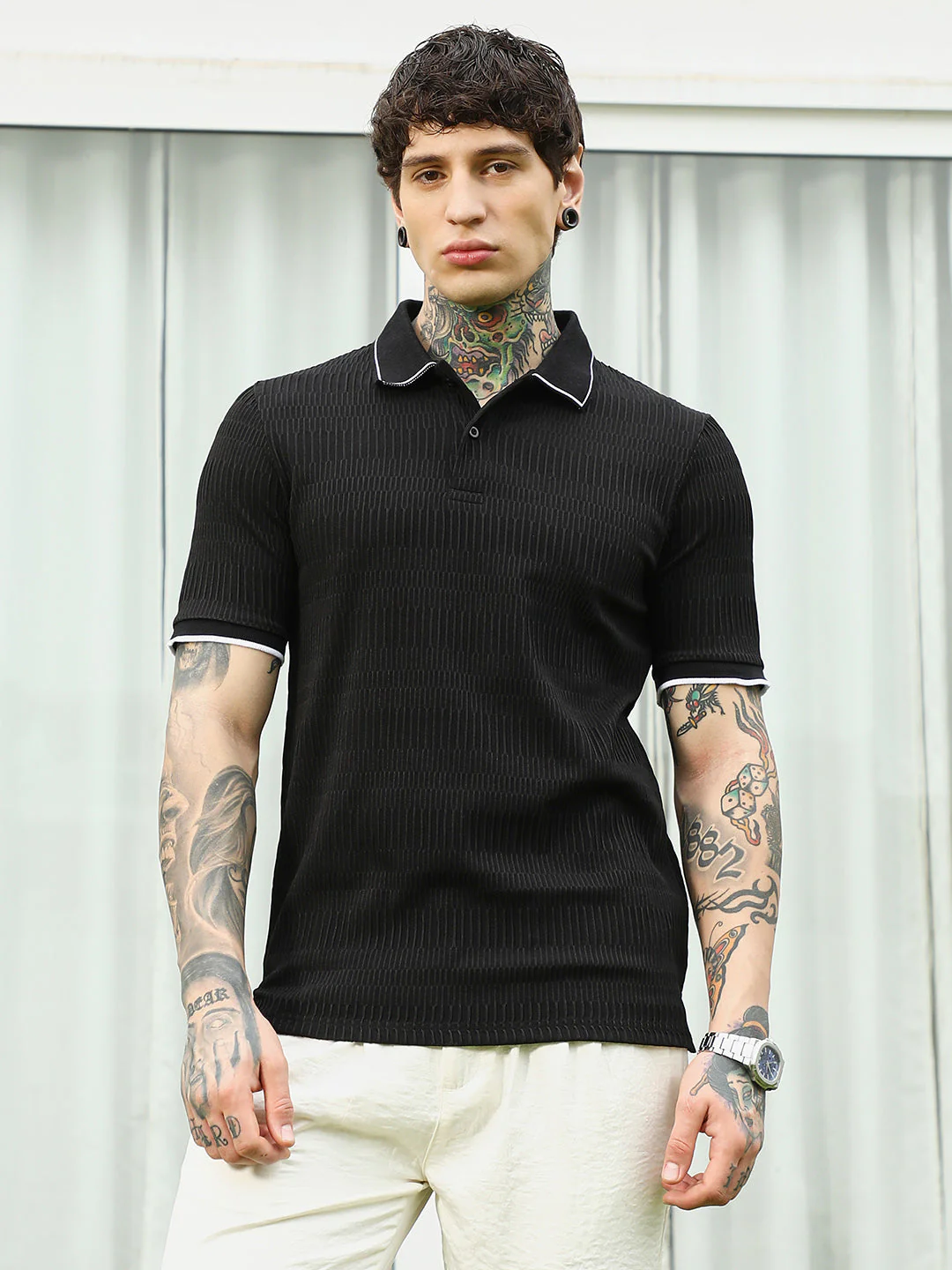 Textured Black Polo T-Shirt with Contrast Trim - Image 2