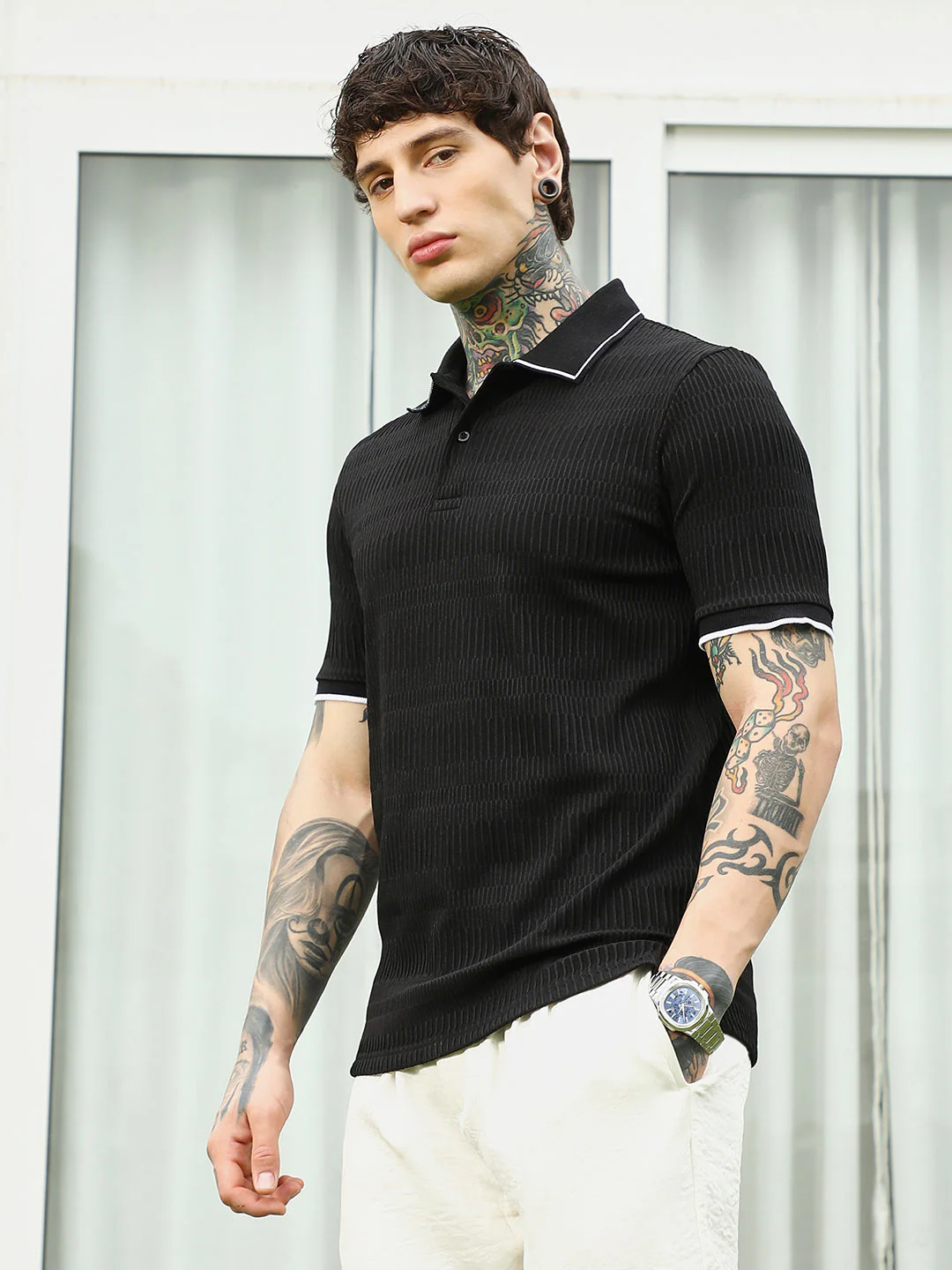 Textured Black Polo T-Shirt with Contrast Trim - Image 3