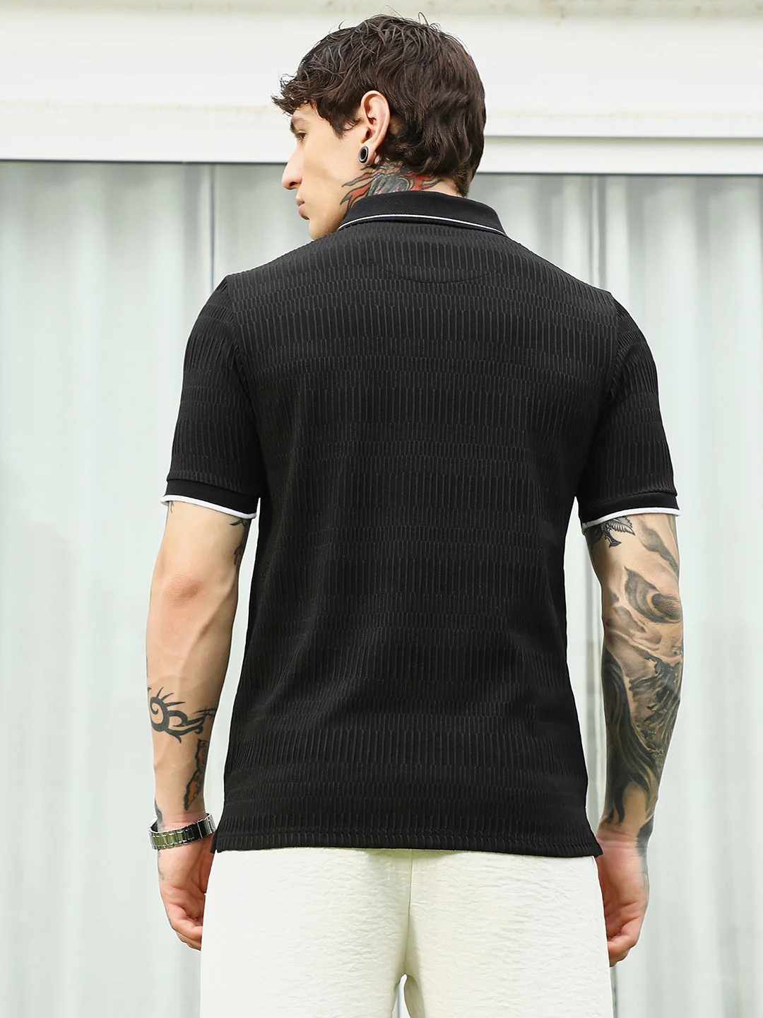 Textured Black Polo T-Shirt with Contrast Trim - Image 4