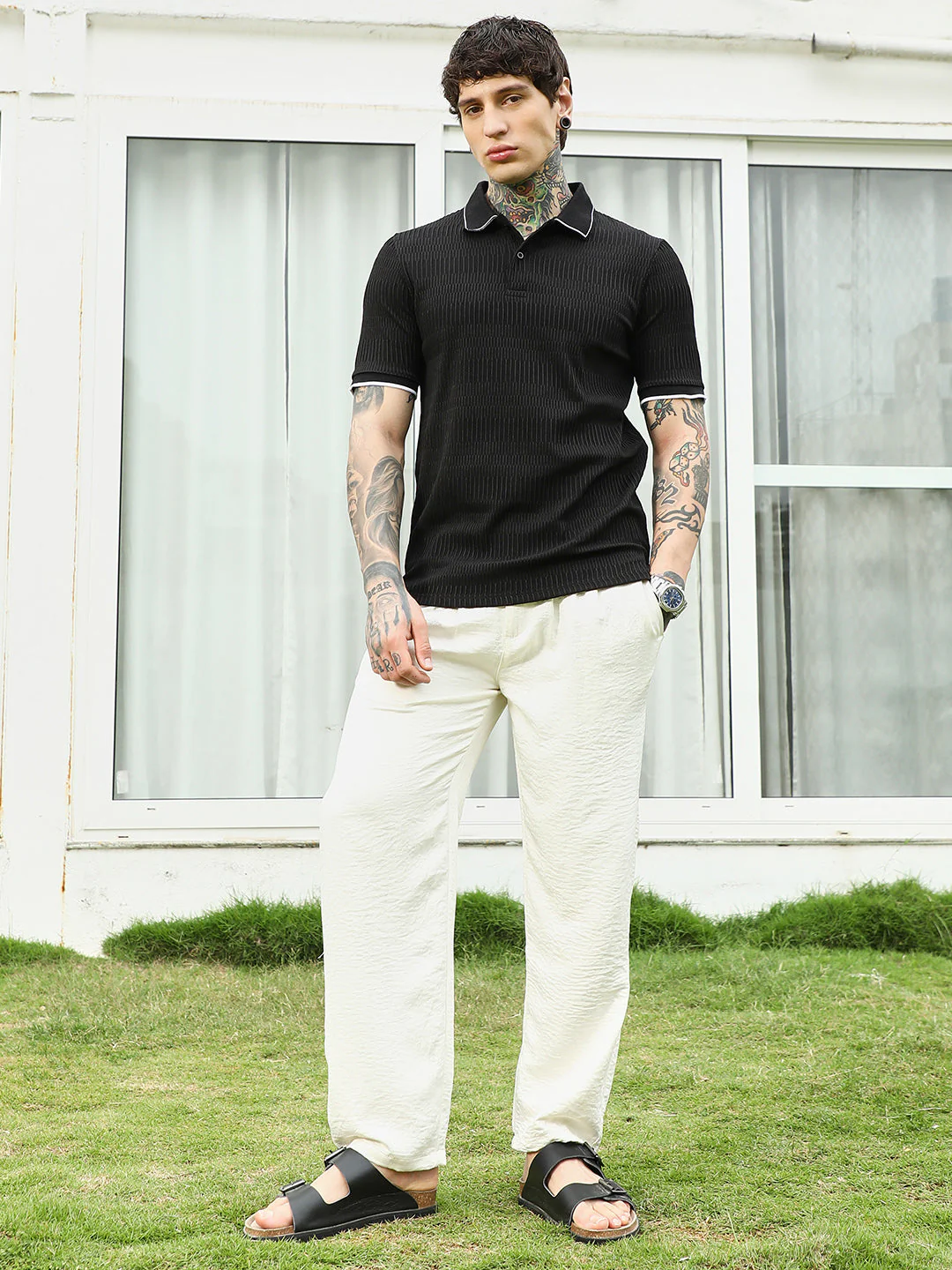 Textured Black Polo T-Shirt with Contrast Trim - Image 5