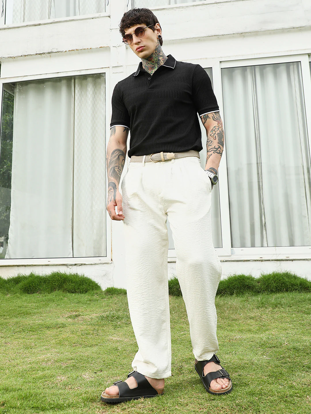 Textured Black Polo T-Shirt with Contrast Trim - Image 6