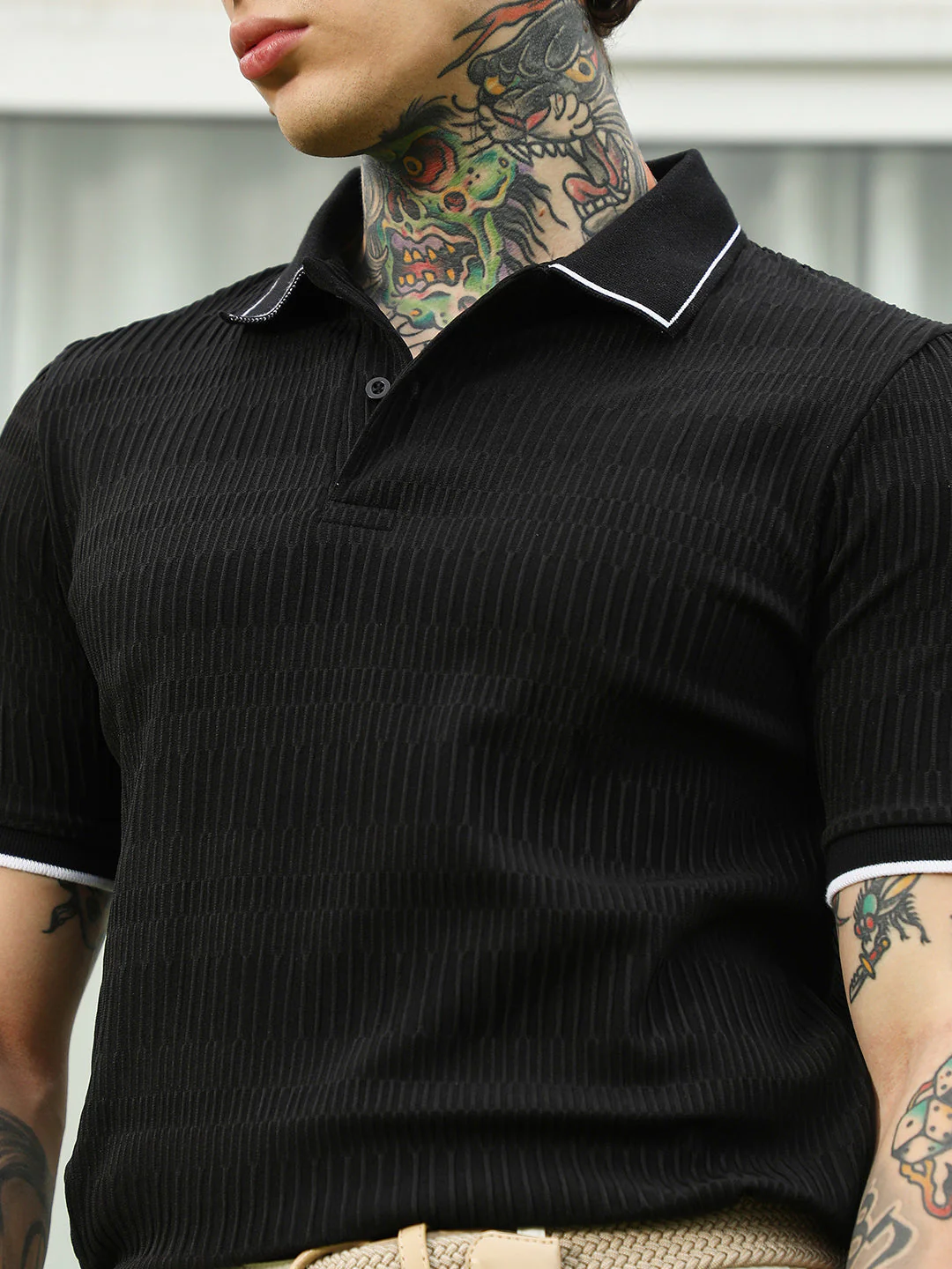 Textured Black Polo T-Shirt with Contrast Trim - Image 7
