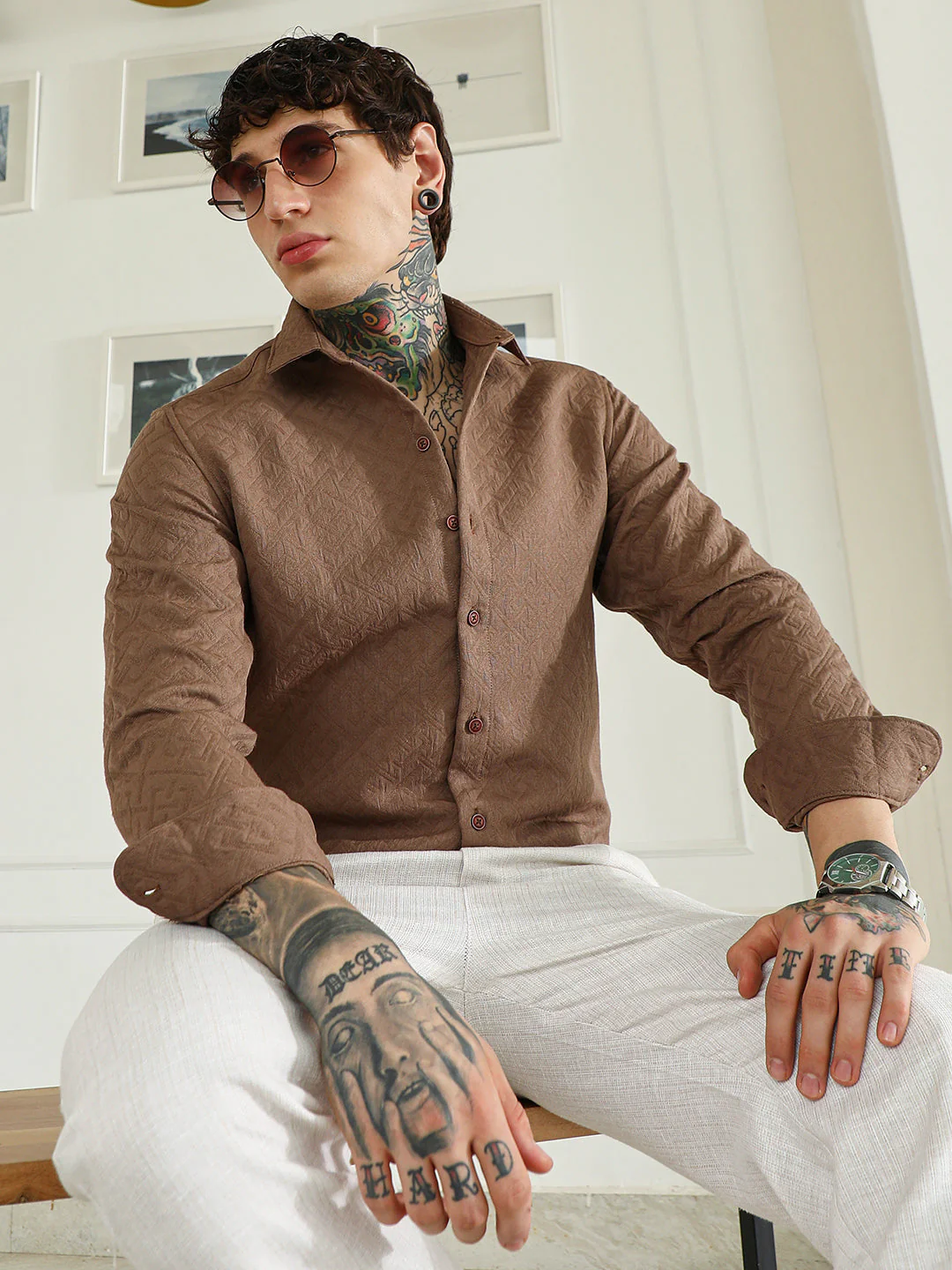 Textured Brown Cotton Blend Full Sleeve Shirt