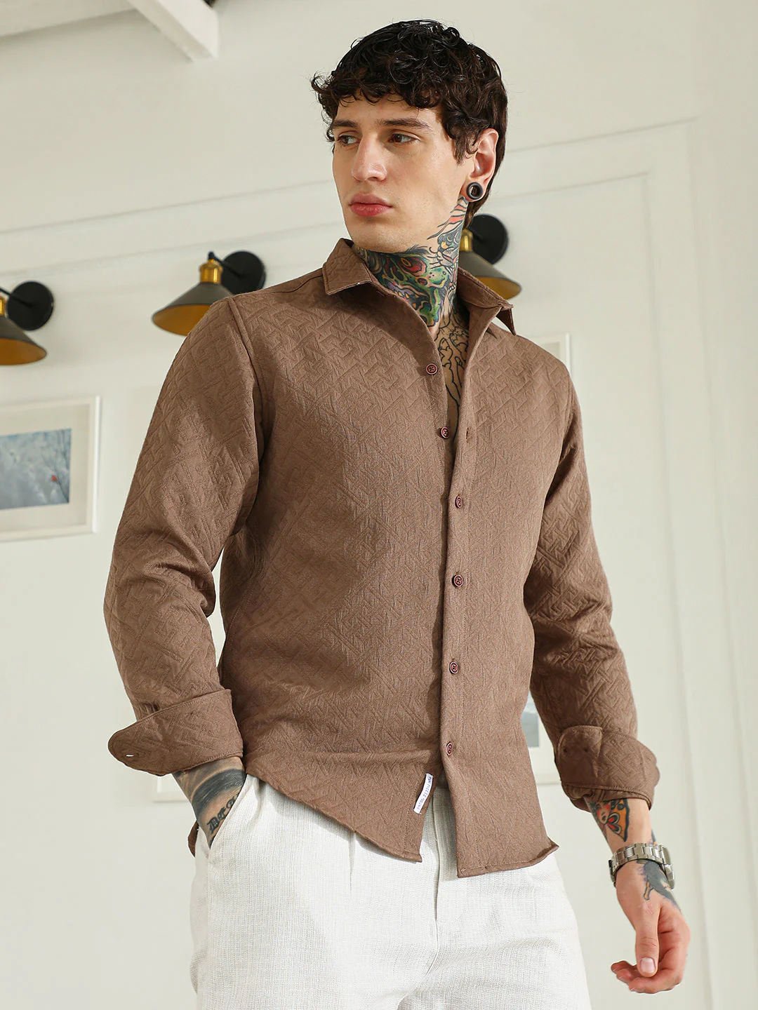Textured Brown Cotton Blend Full Sleeve Shirt - Image 3