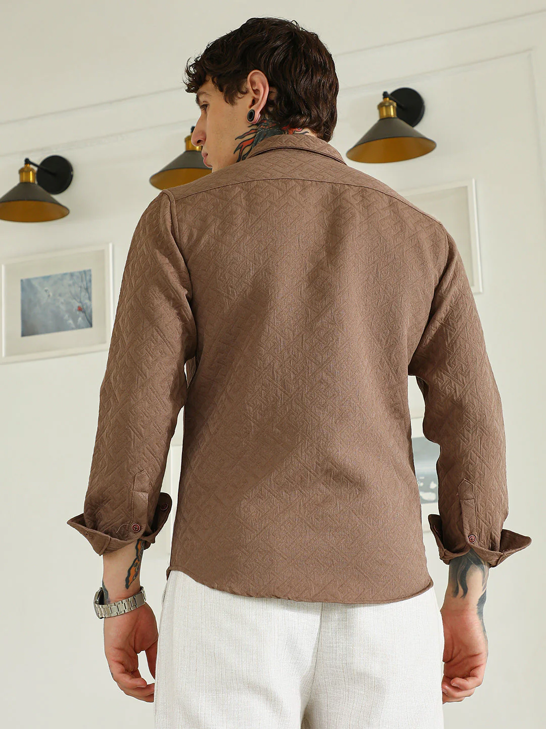Textured Brown Cotton Blend Full Sleeve Shirt - Image 4