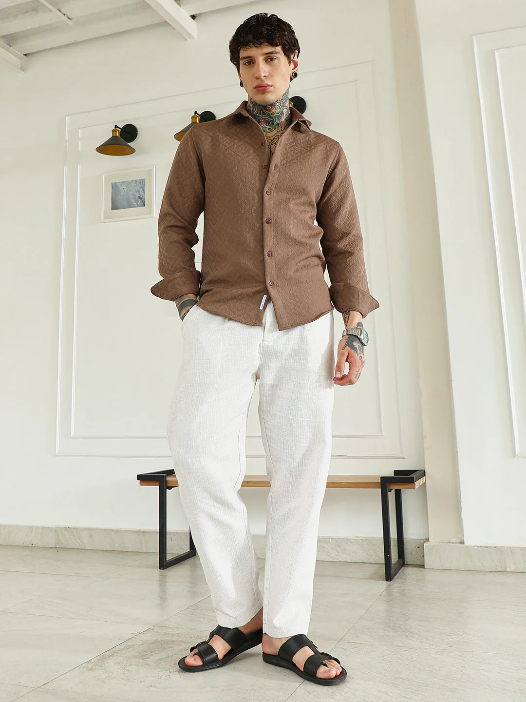 Textured Brown Cotton Blend Full Sleeve Shirt - Image 5