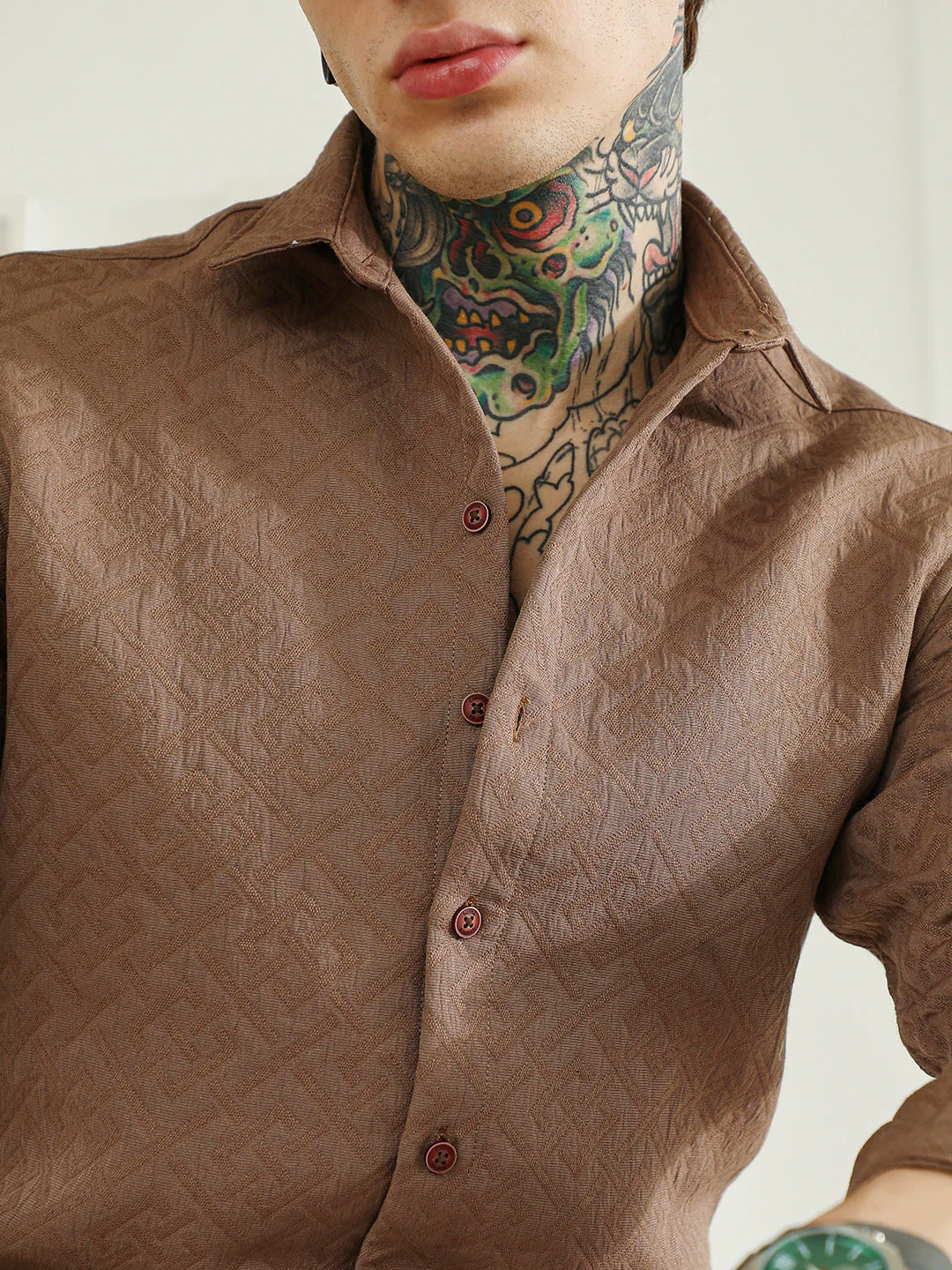 Textured Brown Cotton Blend Full Sleeve Shirt - Image 7