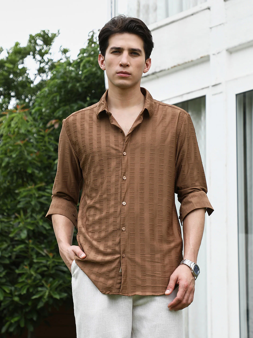 Textured Brown Full Sleeve Shirt - Image 2