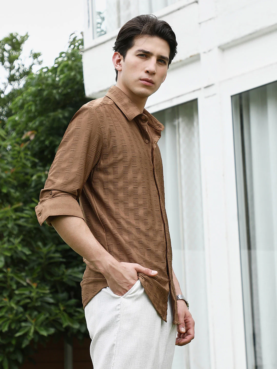 Textured Brown Full Sleeve Shirt - Image 3
