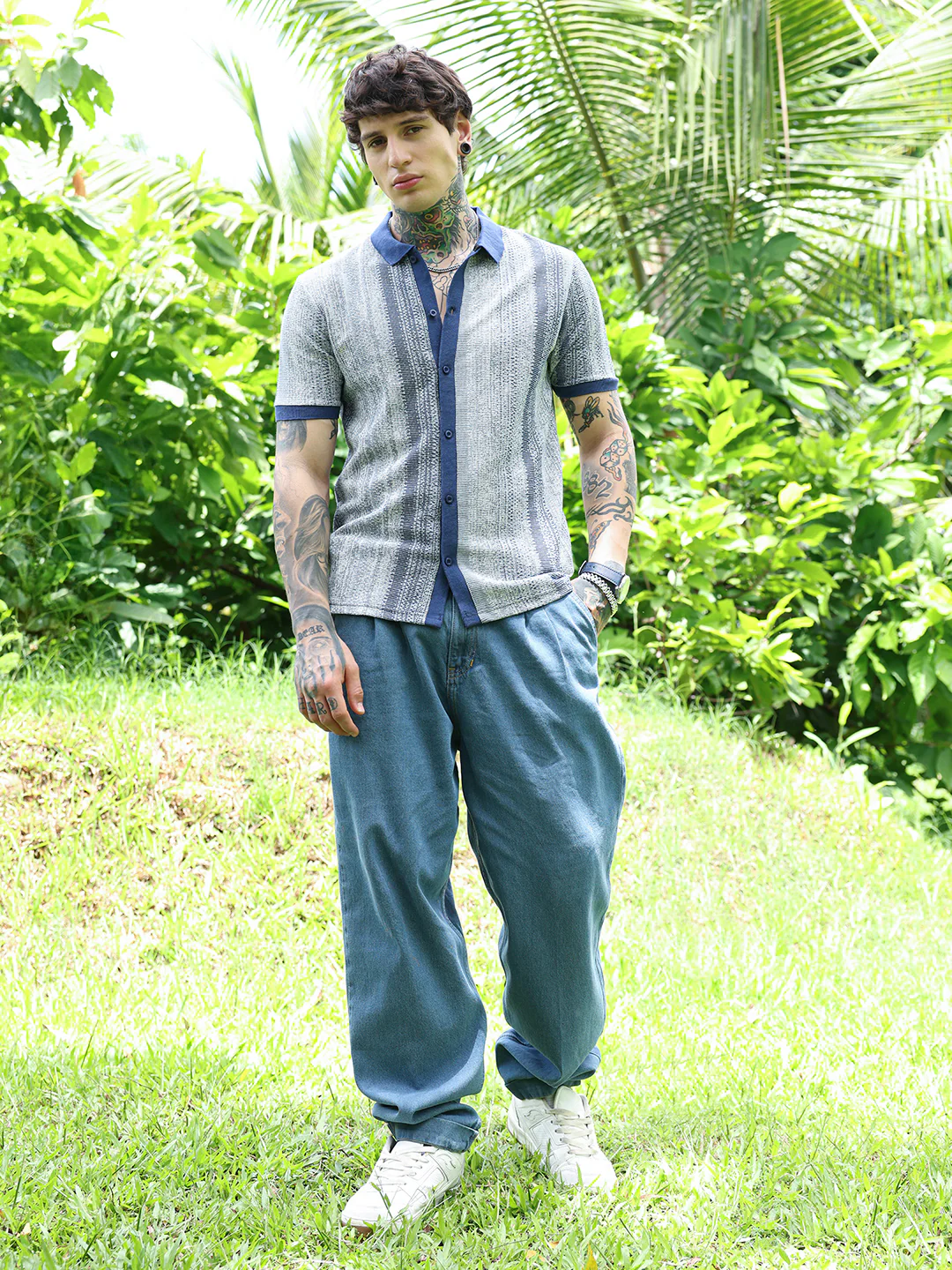 Textured Cotton Blend Cuban Collar Shirt With Vertical Stripes - Image 12