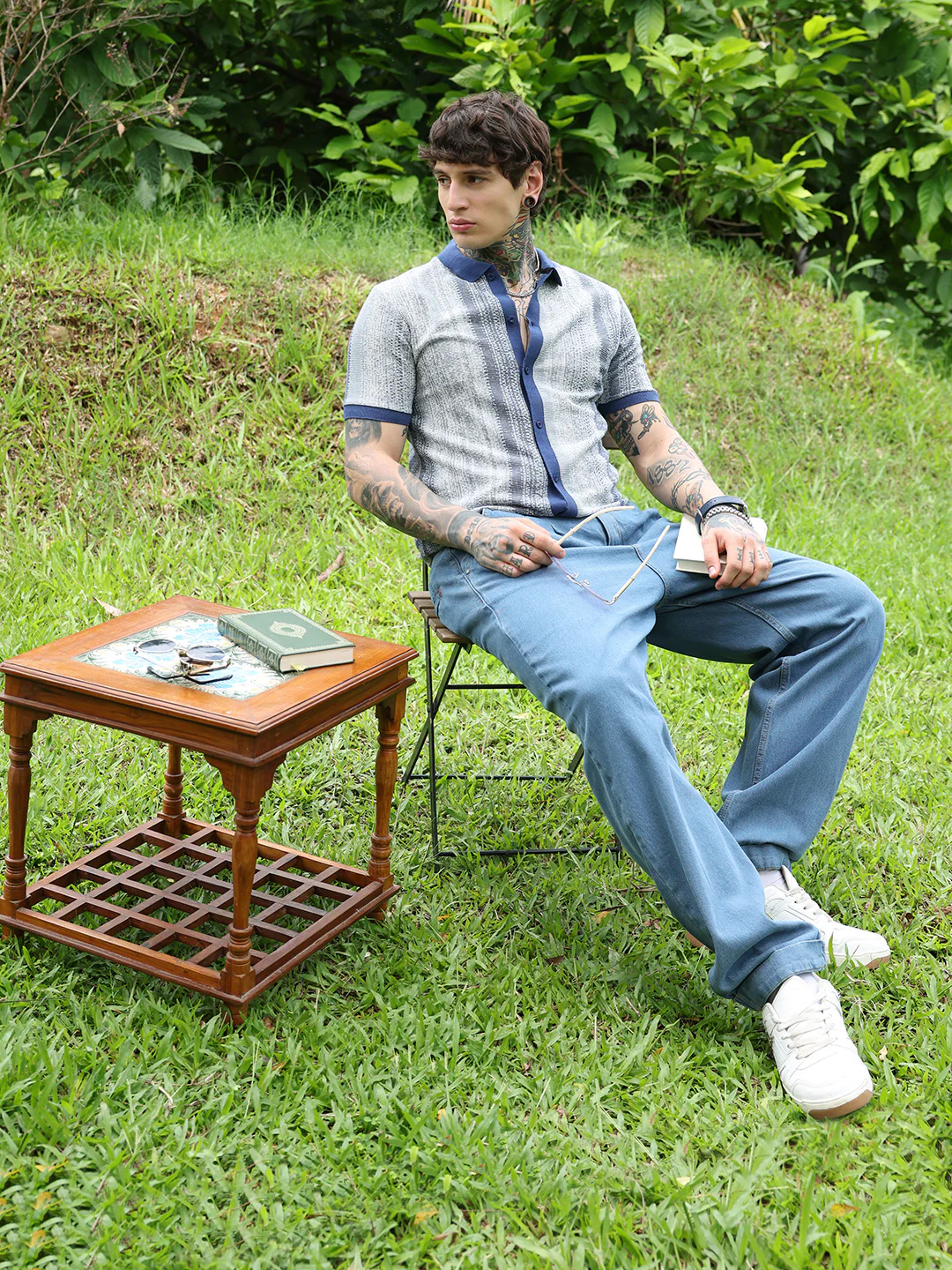 Textured Cotton Blend Cuban Collar Shirt With Vertical Stripes - Image 13