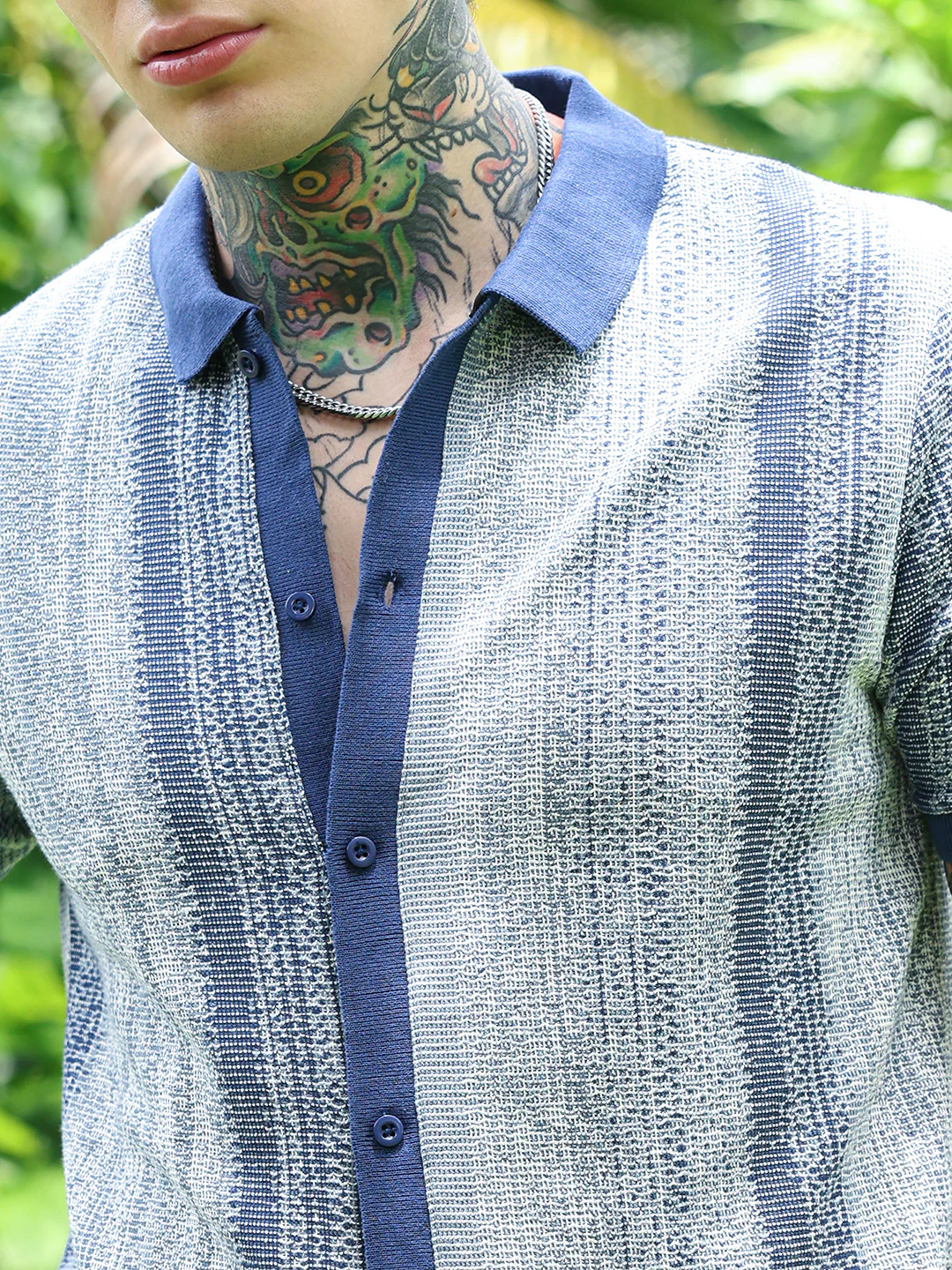 Textured Cotton Blend Cuban Collar Shirt With Vertical Stripes - Image 14
