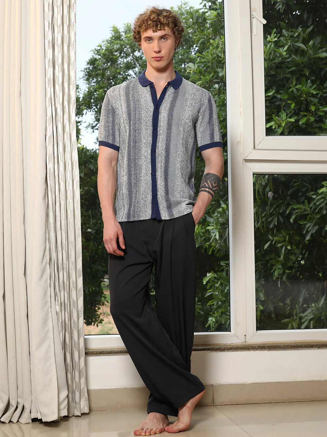 Textured Cotton Blend Cuban Collar Shirt With Vertical Stripes - Image 7