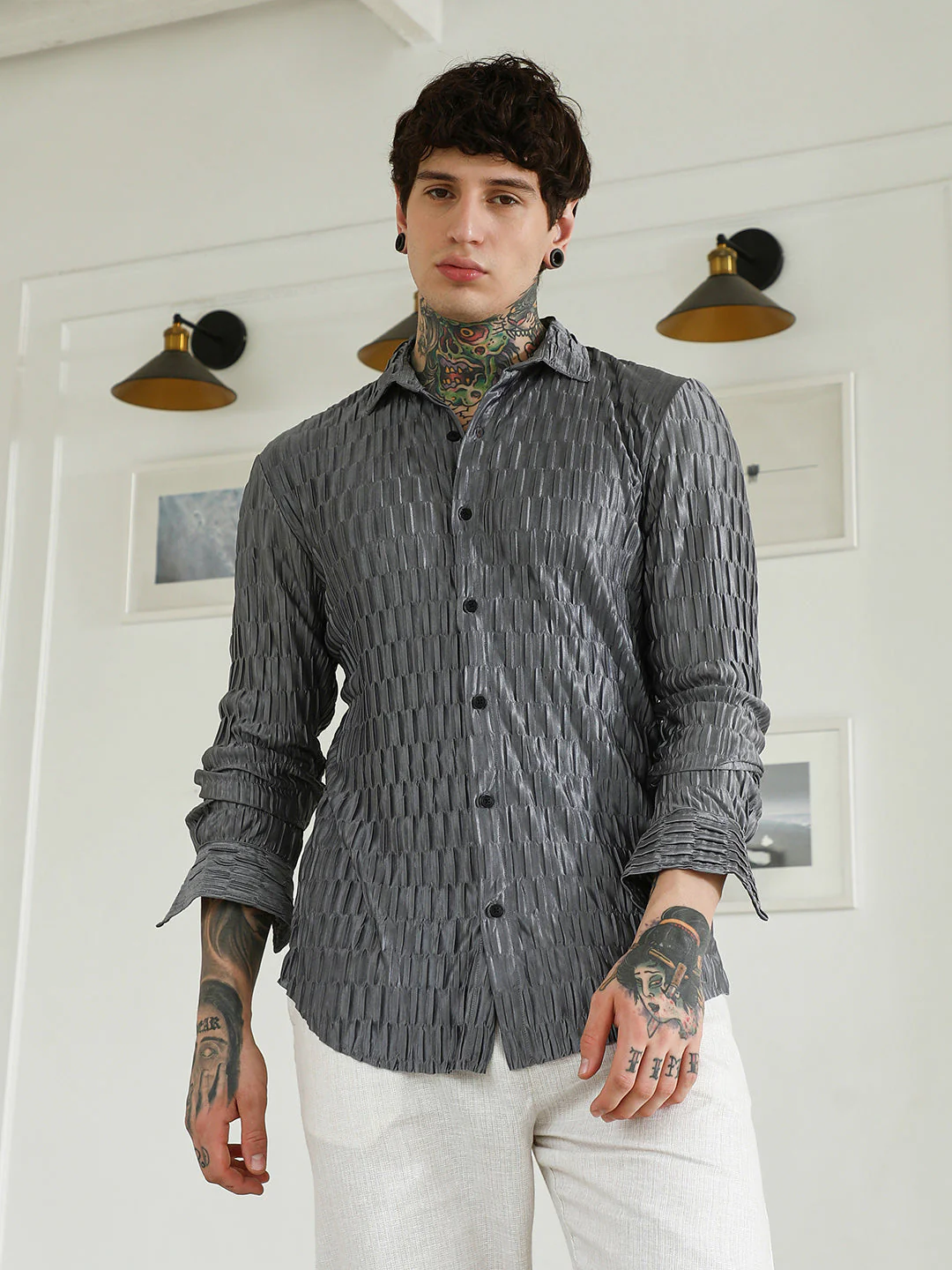 Textured Grey Slim Fit Full Sleeve Shirt - Image 2