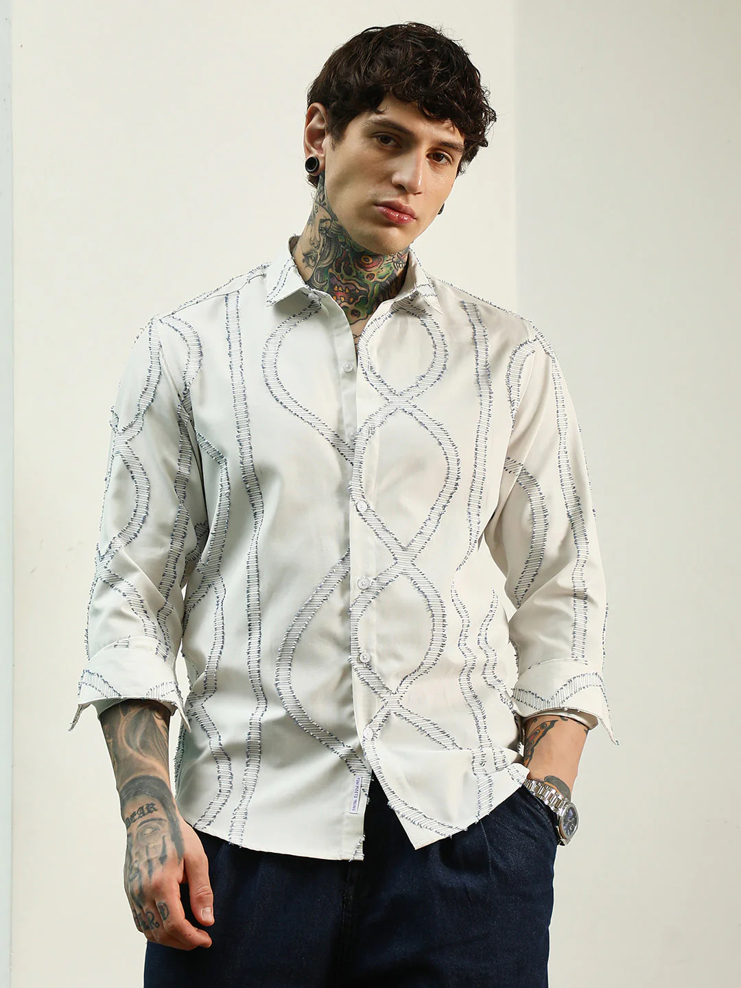 White Stitched Pattern Shirt - Cotton Polyester Blend - Image 2