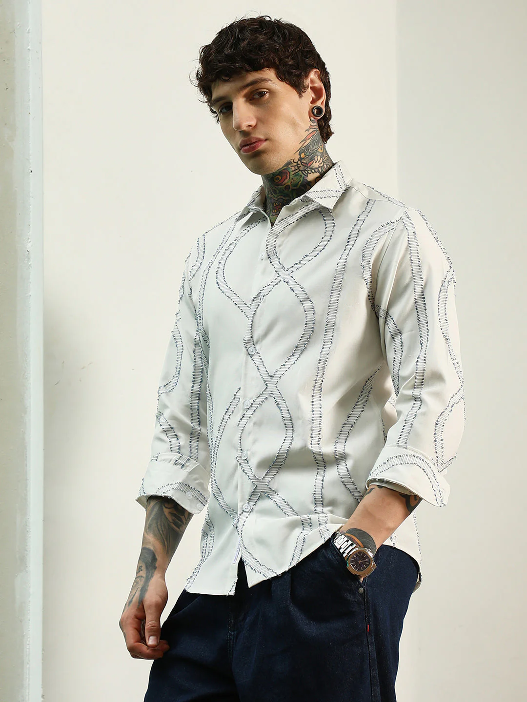 White Stitched Pattern Shirt - Cotton Polyester Blend - Image 3