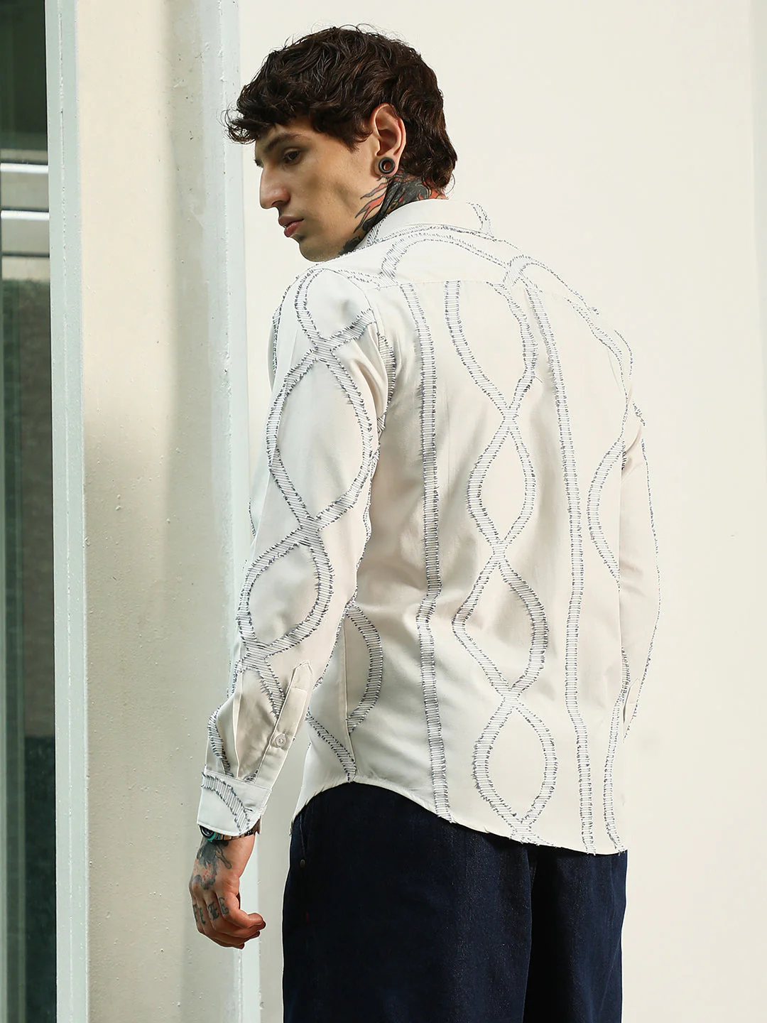 White Stitched Pattern Shirt - Cotton Polyester Blend - Image 4