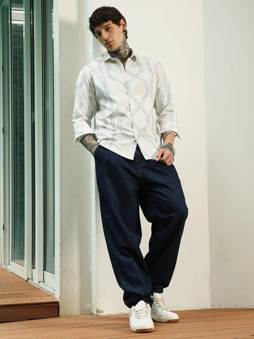 White Stitched Pattern Shirt - Cotton Polyester Blend - Image 5