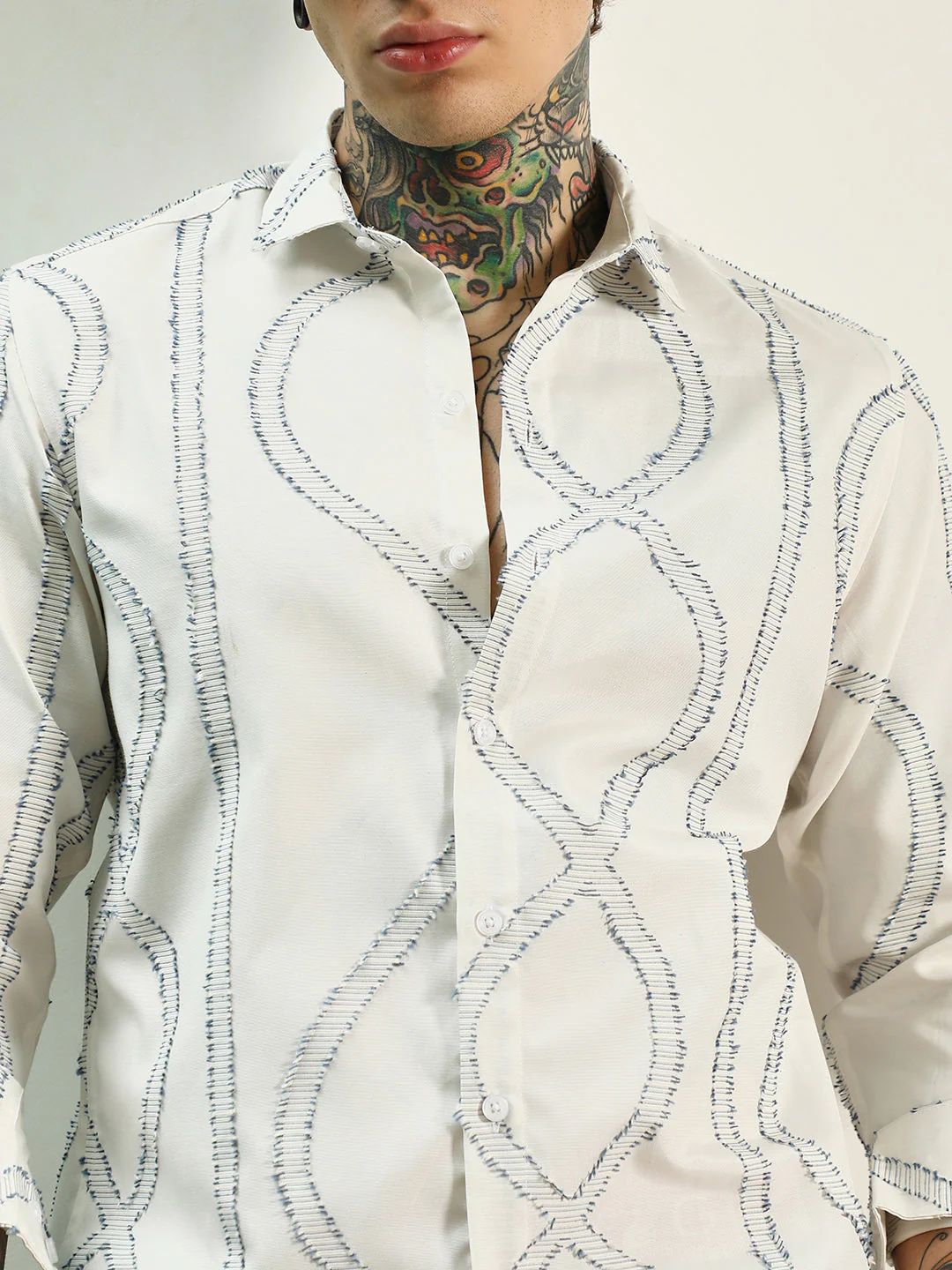 White Stitched Pattern Shirt - Cotton Polyester Blend - Image 7