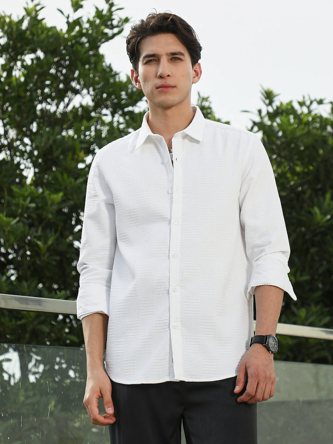 White Textured Cotton Blend Full Sleeve Shirt - Image 2