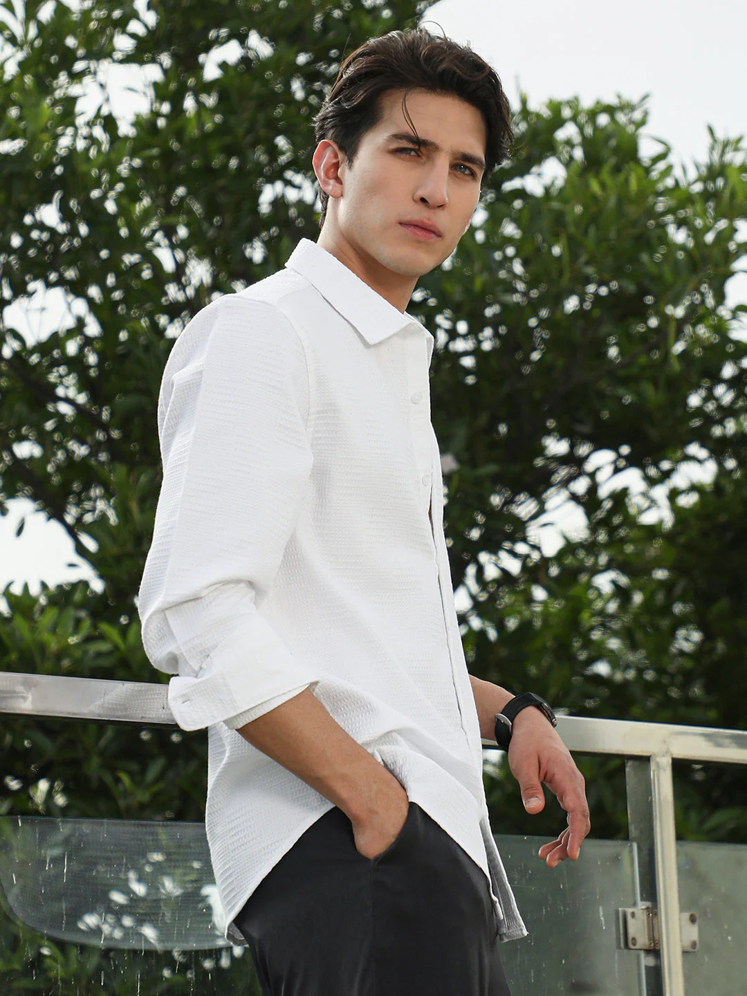 White Textured Cotton Blend Full Sleeve Shirt - Image 3