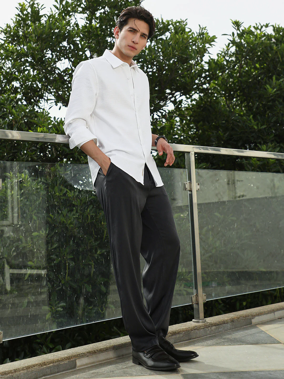 White Textured Cotton Blend Full Sleeve Shirt - Image 5