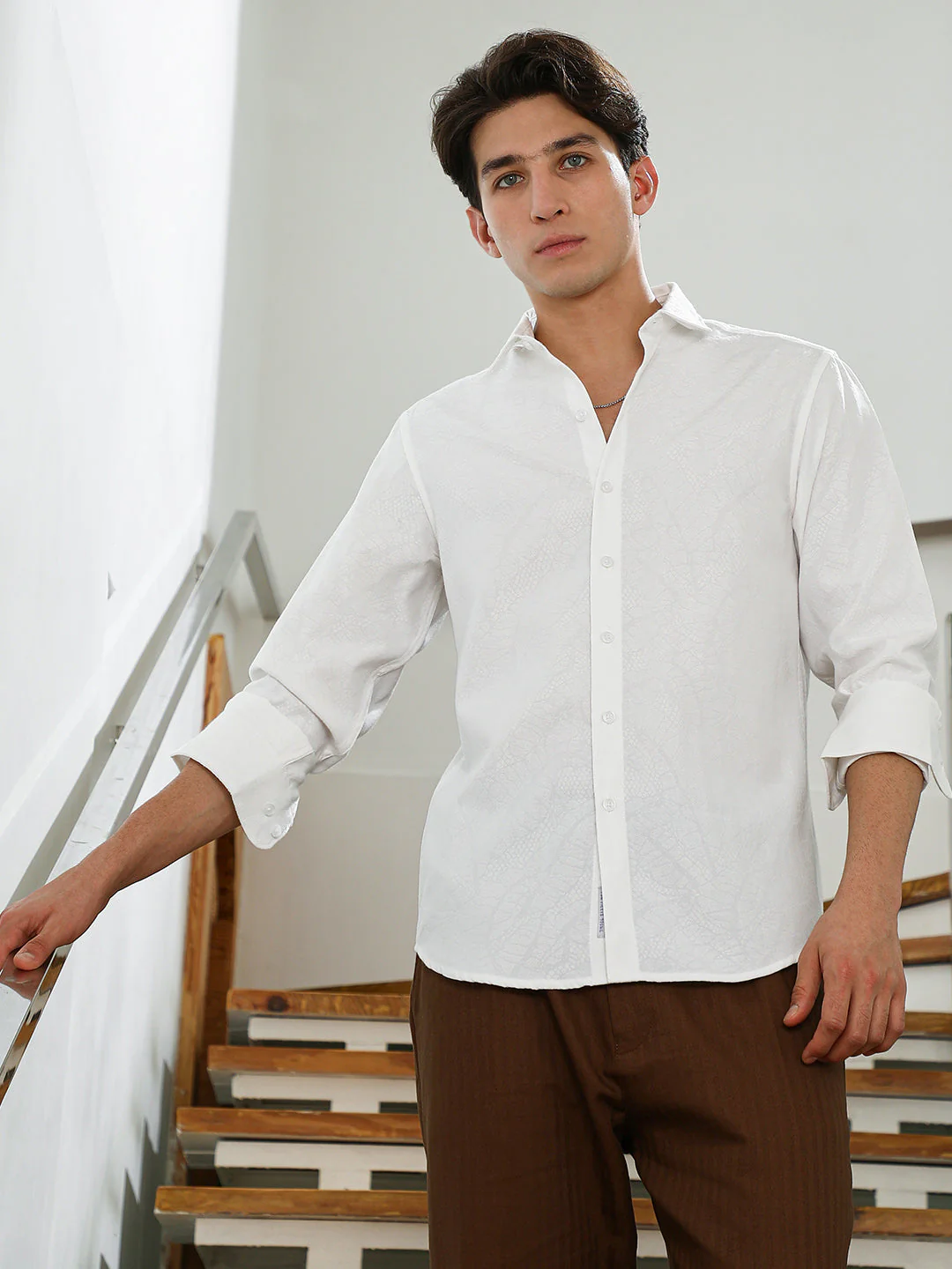 White Textured Cotton Blend Slim Fit Shirt - Image 2